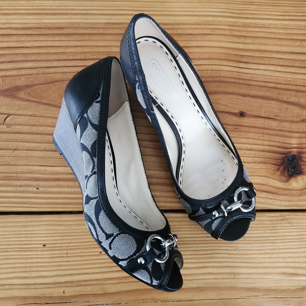 Coach Stella Mo Organ Open Toe Black and Gray Wedges Women's 8